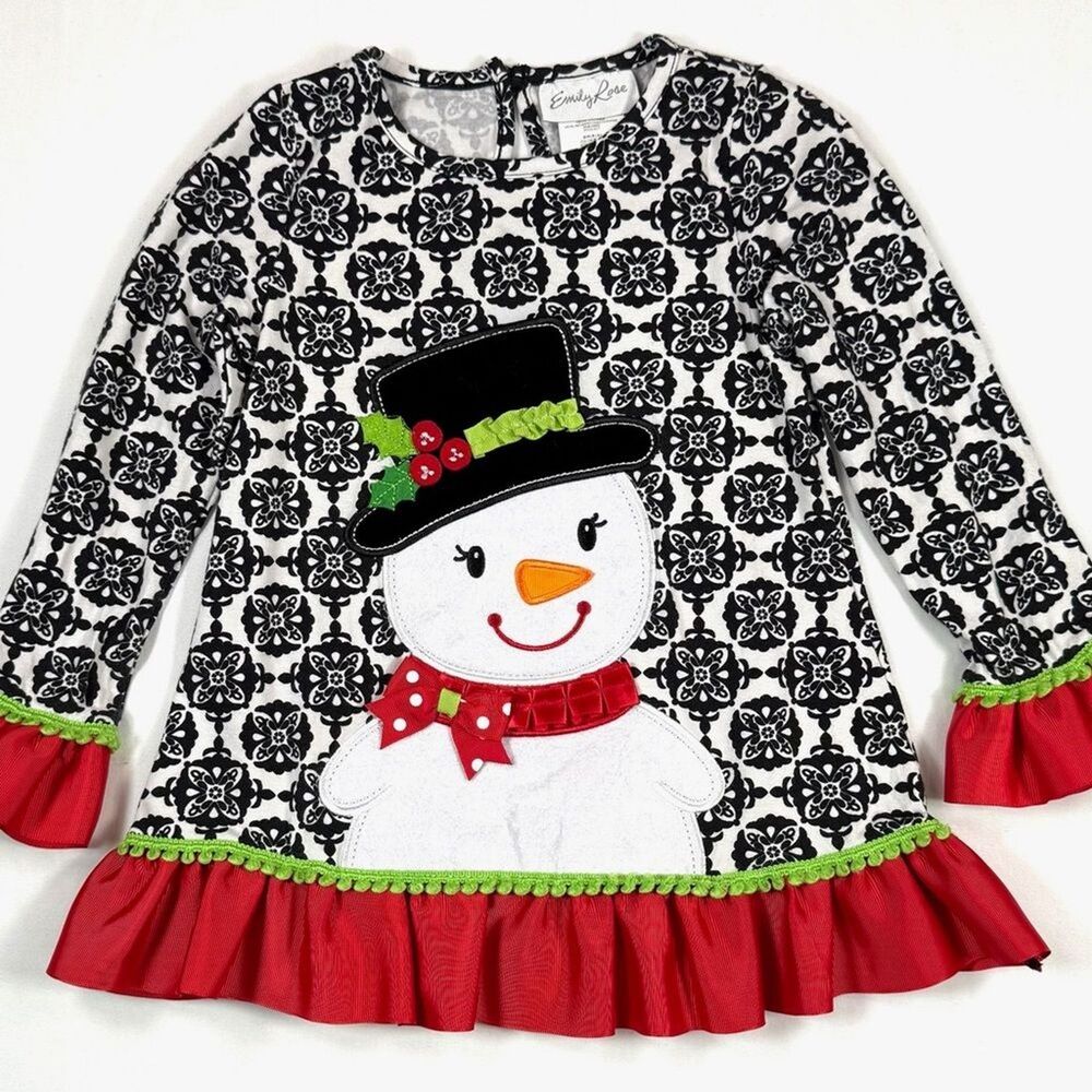 EMILY ROSE Girls Snowman Holiday Tunic Top Black White Ruffle Christmas 5 Preppy